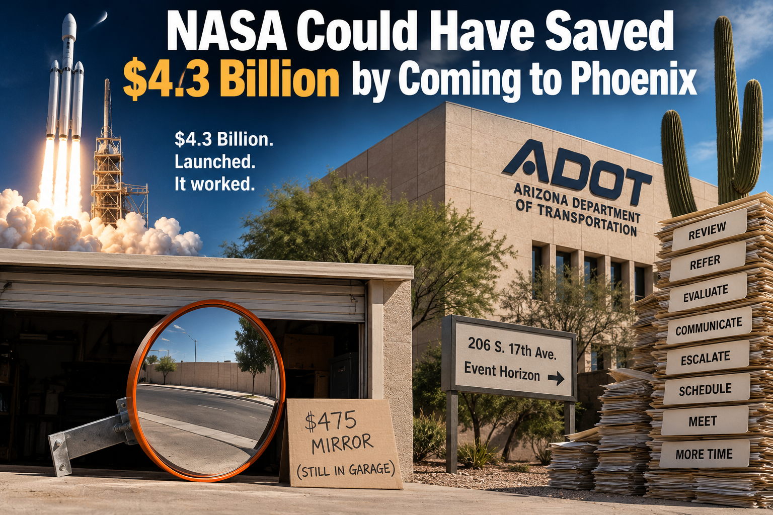 Satirical composite showing a rocket launch, an ADOT building, a $475 traffic mirror still in a garage, and a towering stack of paperwork.